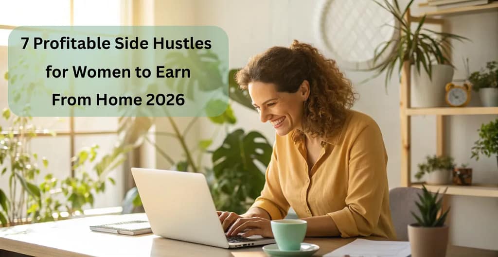 Woman working on laptop from home office representing side hustles for women in 2026