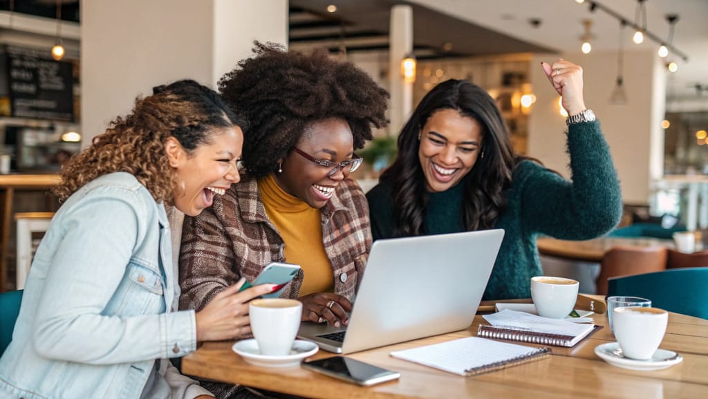 American women celebrating financial success together while reviewing money-saving challenges on laptop