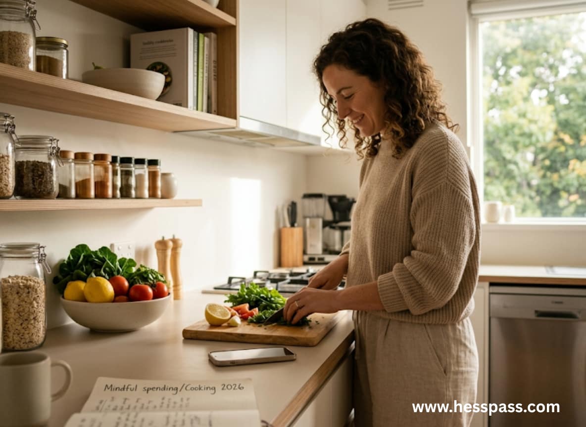 Serene kitchen scene: Australian woman practicing mindful cooking as a creative outlet to stop aesthetic shopping addiction