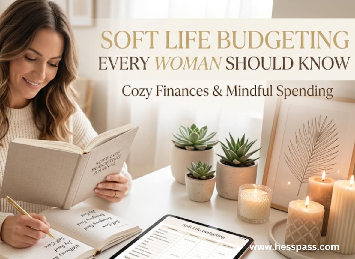 A woman in a cozy cream sweater sitting at a bright, minimalist desk planning her finances in a Soft Life Budgeting Journal. The desk features a digital tablet with a budget spreadsheet, lit candles, and succulents, creating a peaceful and mindful atmosphere.