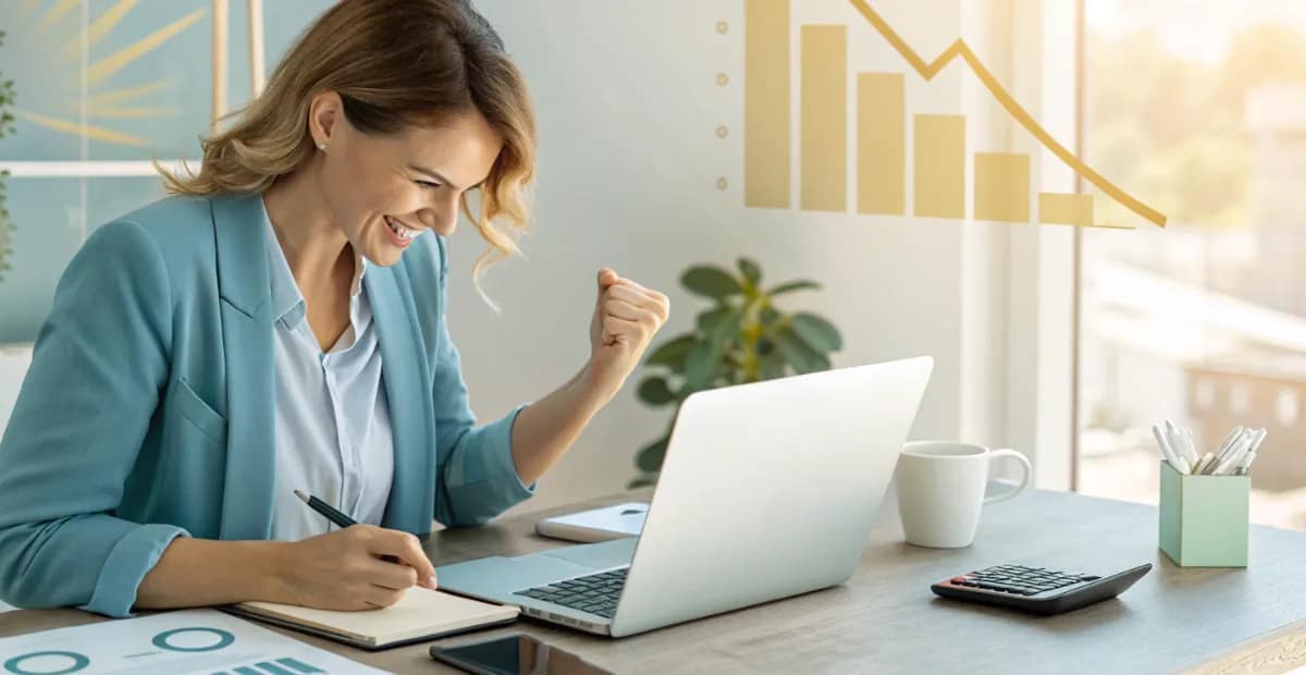 Confident woman reviewing financial documents and budget planning on laptop to achieve financial independence