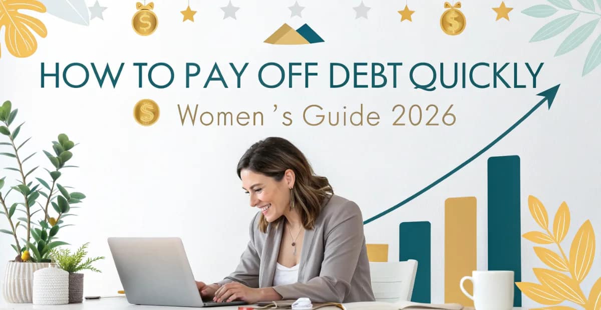 A confident woman managing her finances on a laptop, surrounded by charts and money icons, symbolizing financial growth and empowerment — How to Pay Off Debt Quickly: Women’s Guide 2026.