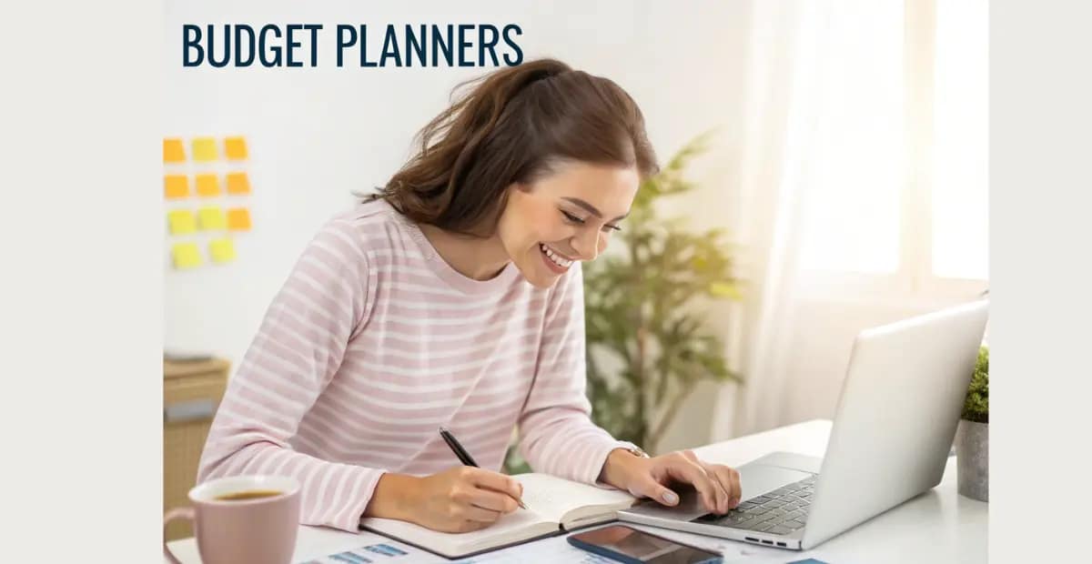 Young woman planning her budget at a desk with laptop, notebook, and coffee, using finance apps to manage money – practical money tips for women 2026