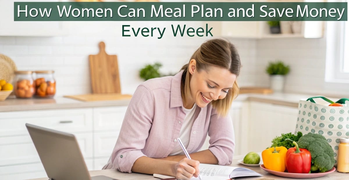 Woman meal planning at kitchen table with fresh vegetables and budget notebook to save money every week