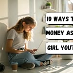 Teen girl working on a laptop at home while earning money online