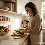 Serene kitchen scene: Australian woman practicing mindful cooking as a creative outlet to stop aesthetic shopping addiction