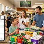 A family in an Australian supermarket using a smartphone to check a grocery list