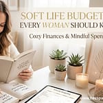 A woman in a cozy cream sweater sitting at a bright, minimalist desk planning her finances in a Soft Life Budgeting Journal. The desk features a digital tablet with a budget spreadsheet, lit candles, and succulents, creating a peaceful and mindful atmosphere.