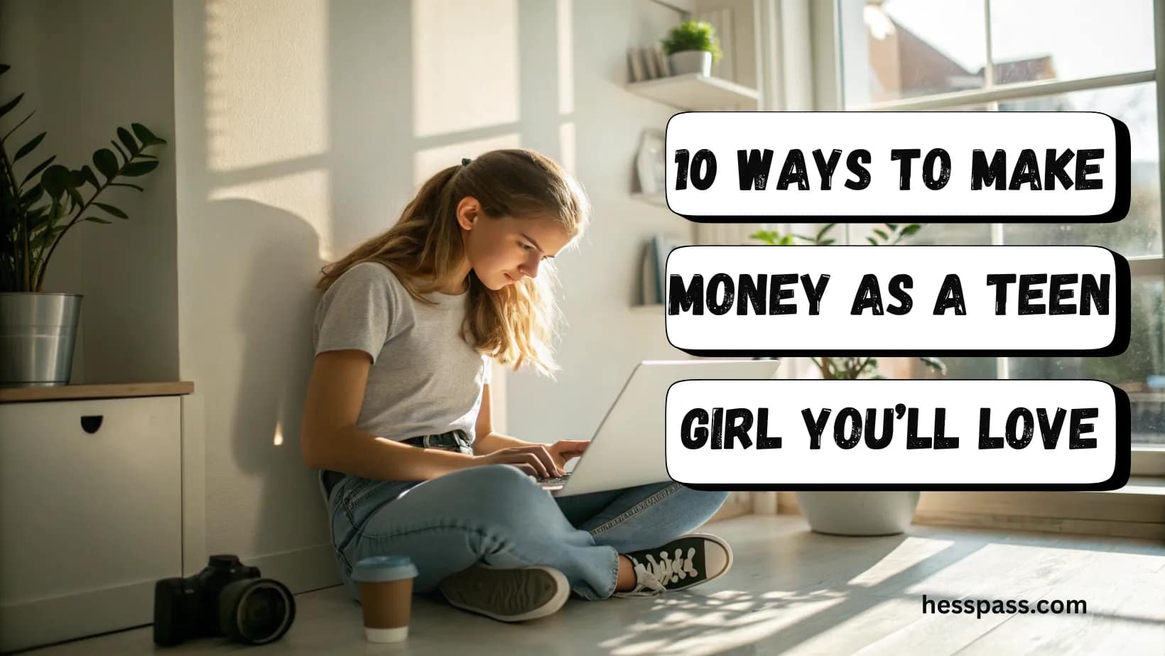 Teen girl working on a laptop at home while earning money online