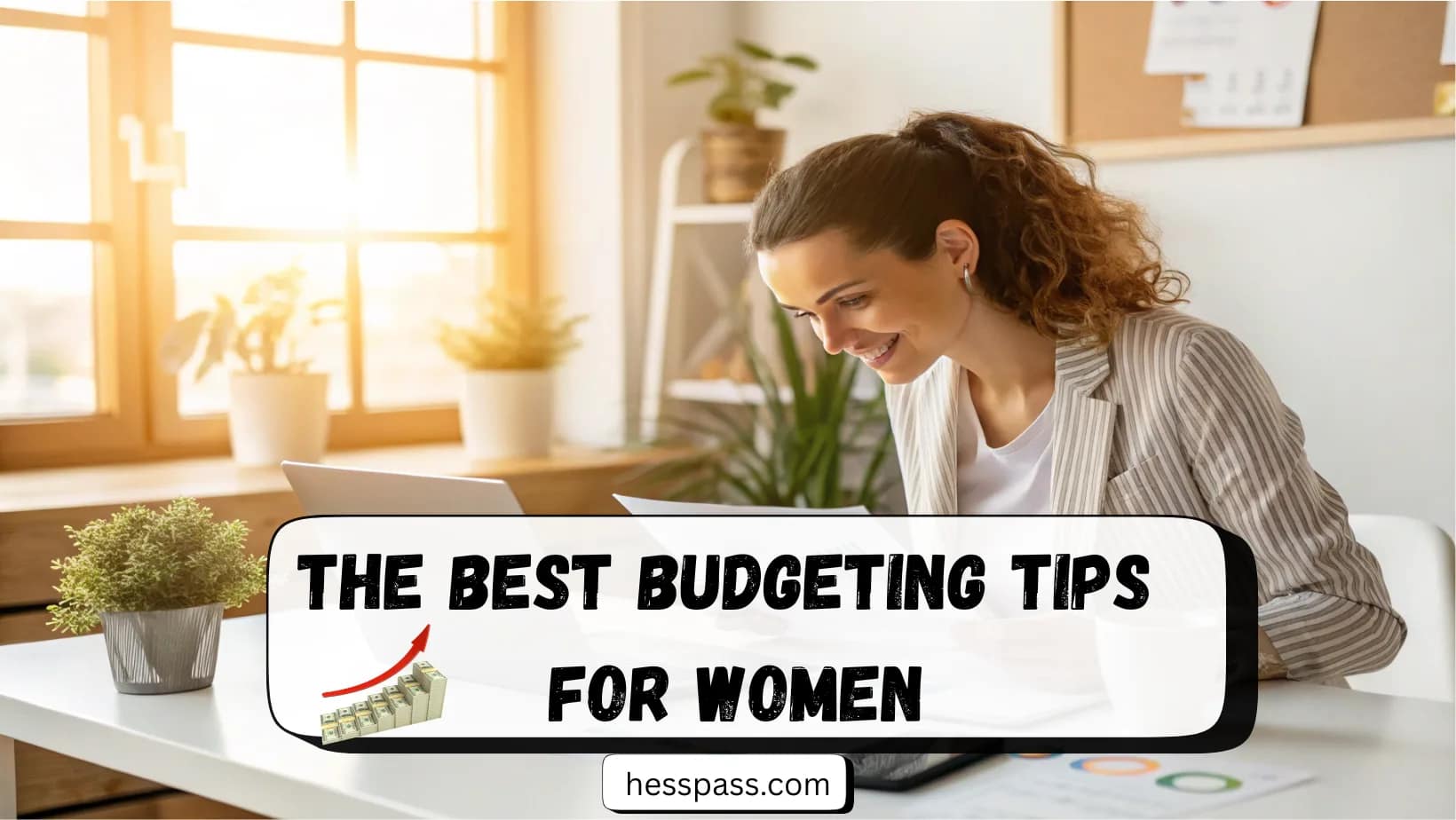 Confident millennial woman managing personal finances and savings on laptop in bright home office