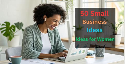 Woman entrepreneur working on laptop at home office desk planning small business ideas for women Woman entrepreneur working on laptop at home office desk planning small business ideas for women