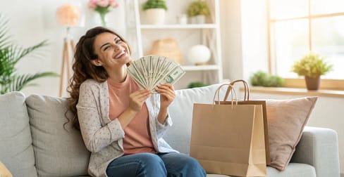 Woman holding cash and shopping bags showing how to save $500 fast without sacrificing fun Woman holding cash and shopping bags showing how to save $500 fast without sacrificing fun