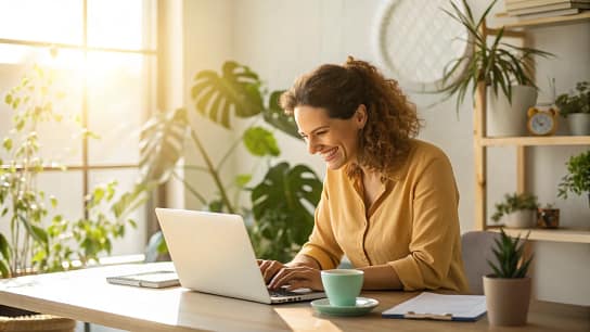 Woman working on laptop from home office representing side hustles for women in 2026 Woman working on laptop from home office representing side hustles for women in 2026