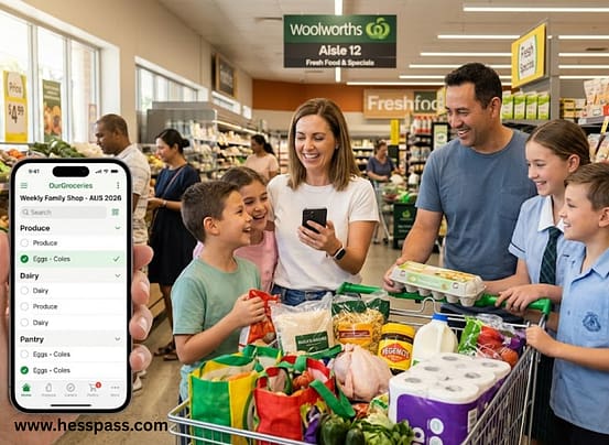A family in an Australian supermarket using a smartphone to check a grocery list A family in an Australian supermarket using a smartphone to check a grocery list