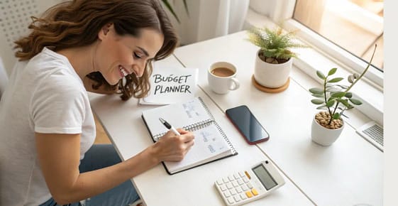 Woman writing in budget planner with cash envelopes and calculator for money-saving challenges Woman writing in budget planner with cash envelopes and calculator for money-saving challenges