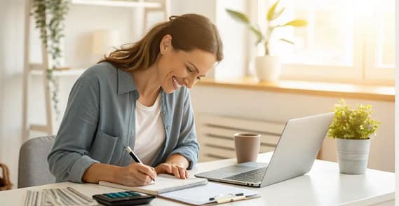 Woman planning budget with calculator and bills to reduce monthly expenses at home office desk Woman planning budget with calculator and bills to reduce monthly expenses at home office desk