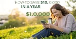 Woman sitting in grass using savings app showing how to save $10,000 in a year with budgeting strategies