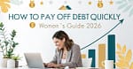 A confident woman managing her finances on a laptop, surrounded by charts and money icons, symbolizing financial growth and empowerment — How to Pay Off Debt Quickly: Women’s Guide 2026.