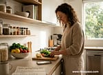 Serene kitchen scene: Australian woman practicing mindful cooking as a creative outlet to stop aesthetic shopping addiction